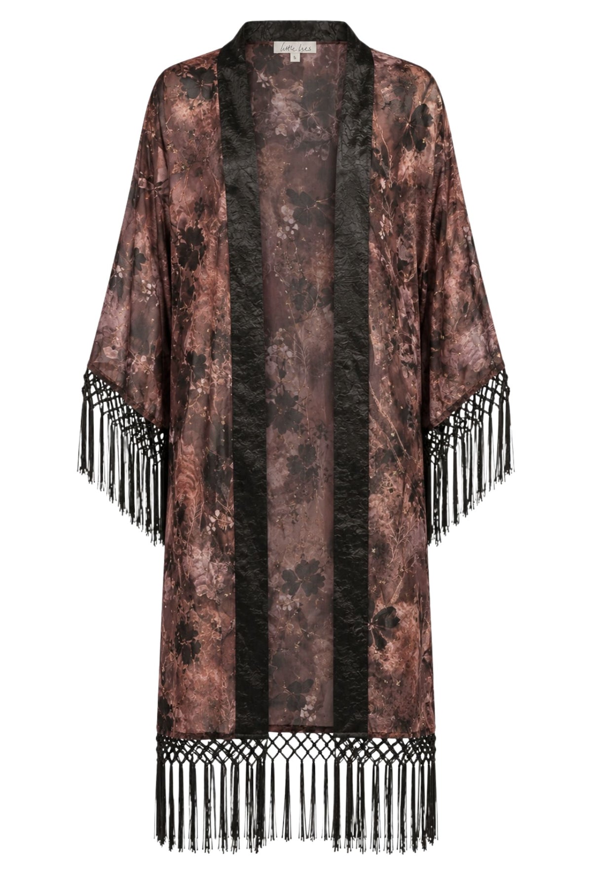 Ghost image of Practical Magic kimono with vintage floral print, open front silhouette, black satin trim and tassel fringe detailing