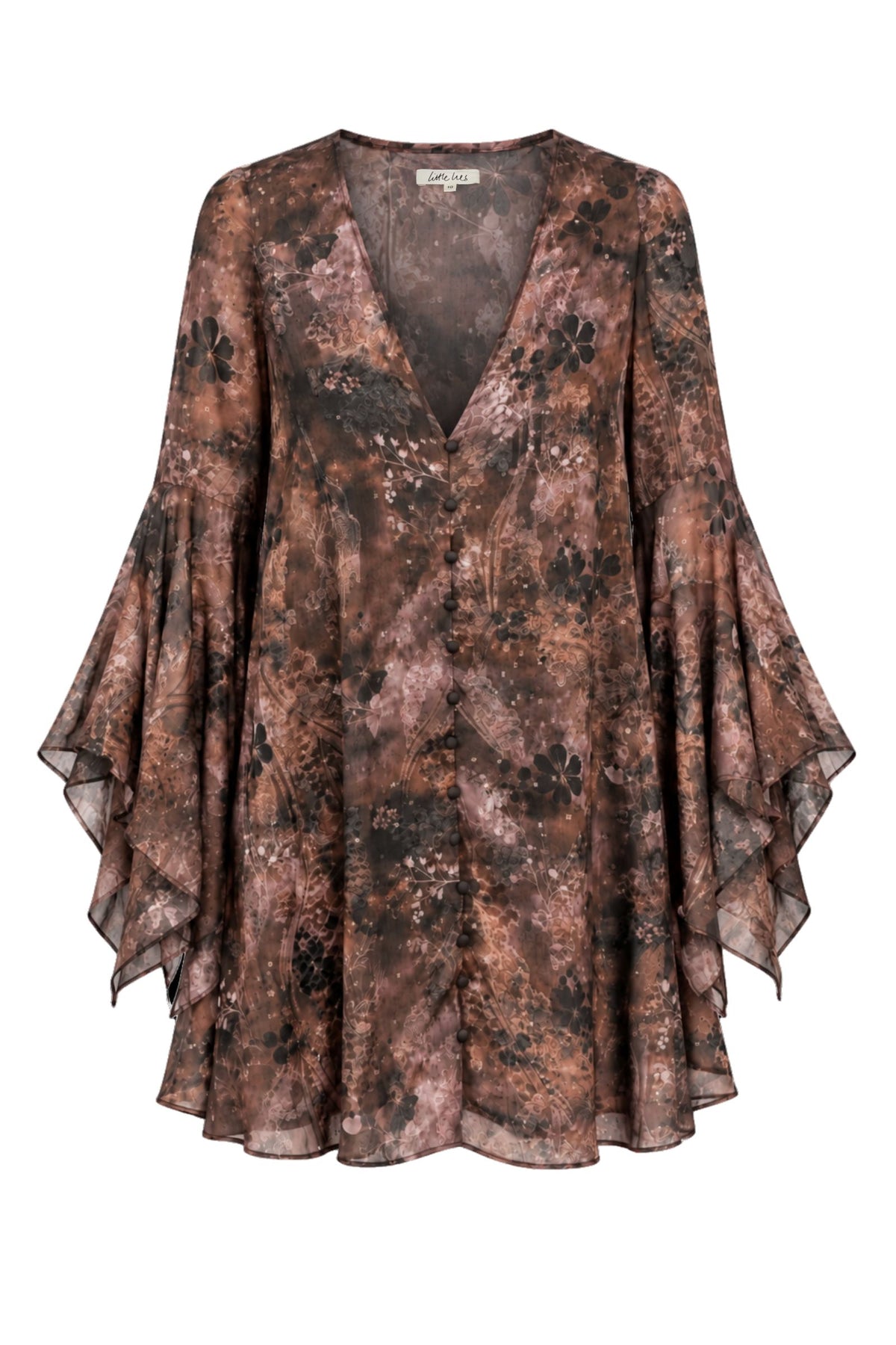 Ghost image of Practical Magic mini dress with vintage floral print, deep V-neck, button-front detail and statement hanky sleeves