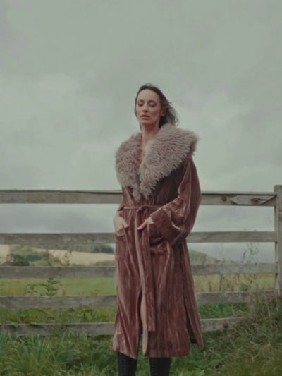 Little Lies Sienna Velvet Kimono Jacket in bronze velvet with a faux fur collar styled in a romantic countryside setting.