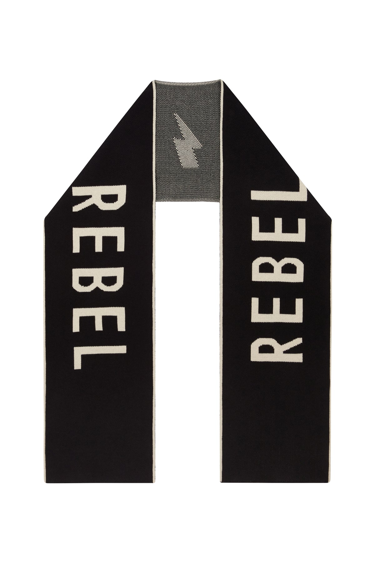 Ghost image of Little Lies Rebel Rebel Knit Scarf in black featuring oversized ivory slogan lettering, contrast border trim and lightning bolt detail