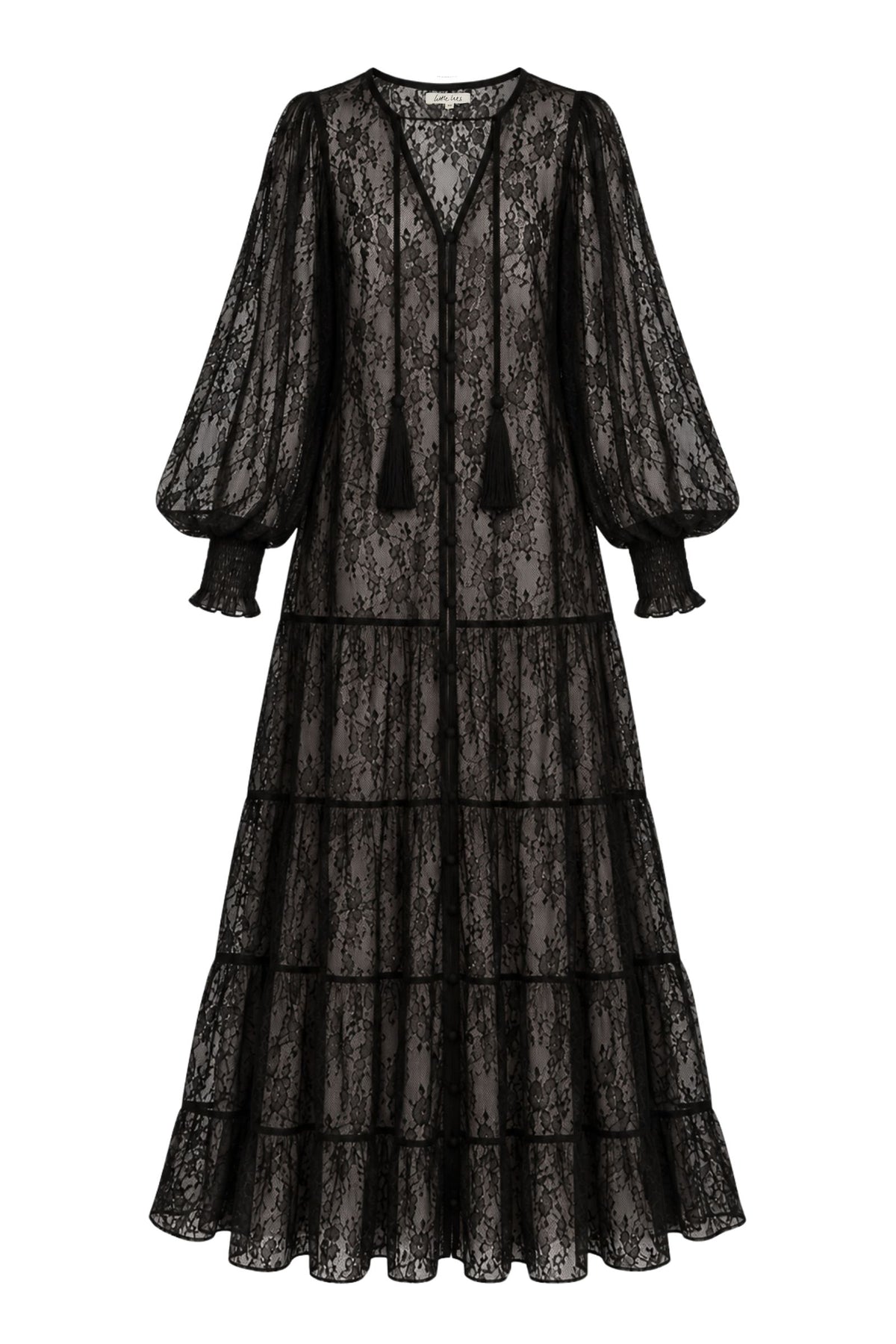 Ghost image of Rhiannon black lace maxi dress with sheer floral lace, tassel tie neckline, balloon sleeves and tiered maxi skirt