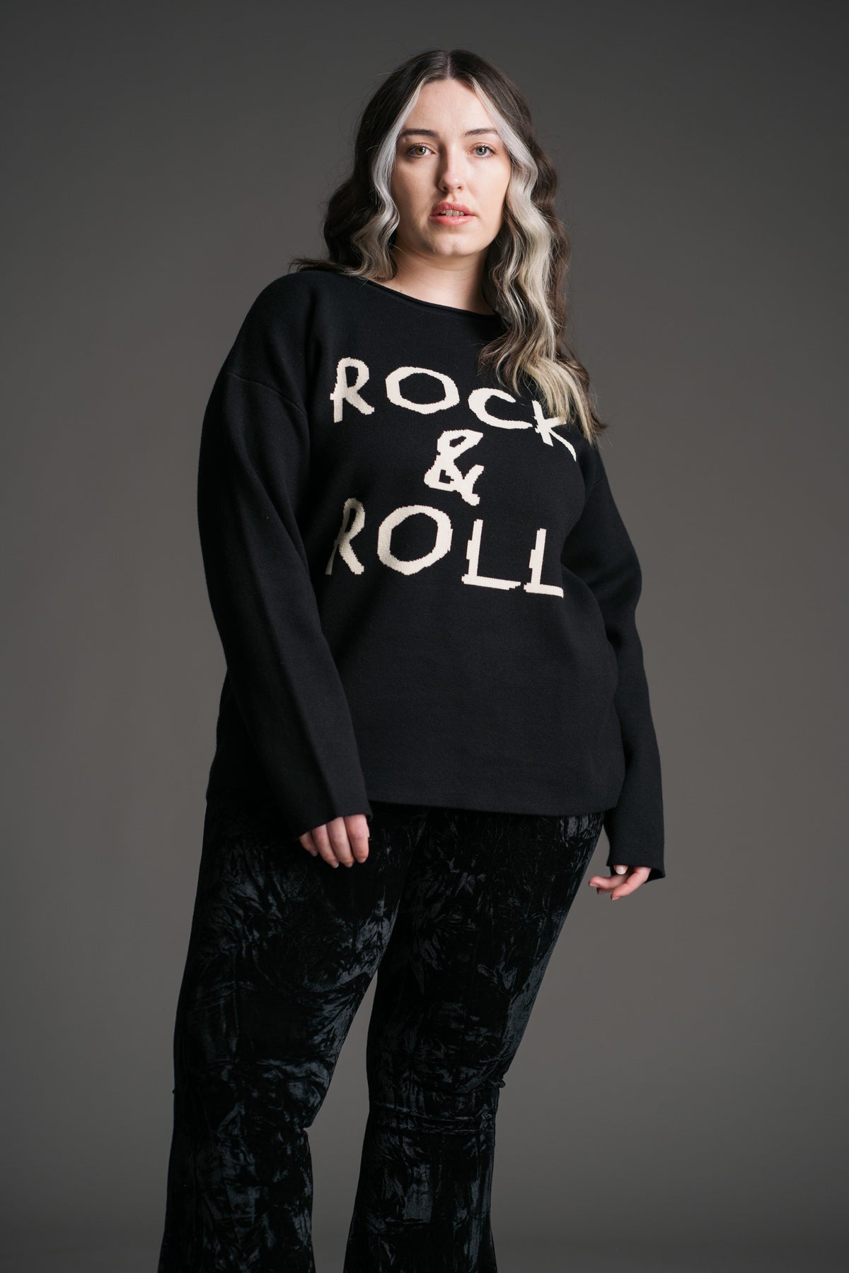 Little Lies Rock & Roll Knit Jumper styled with flared velvet trousers for an effortless rock-and-roll inspired outfit