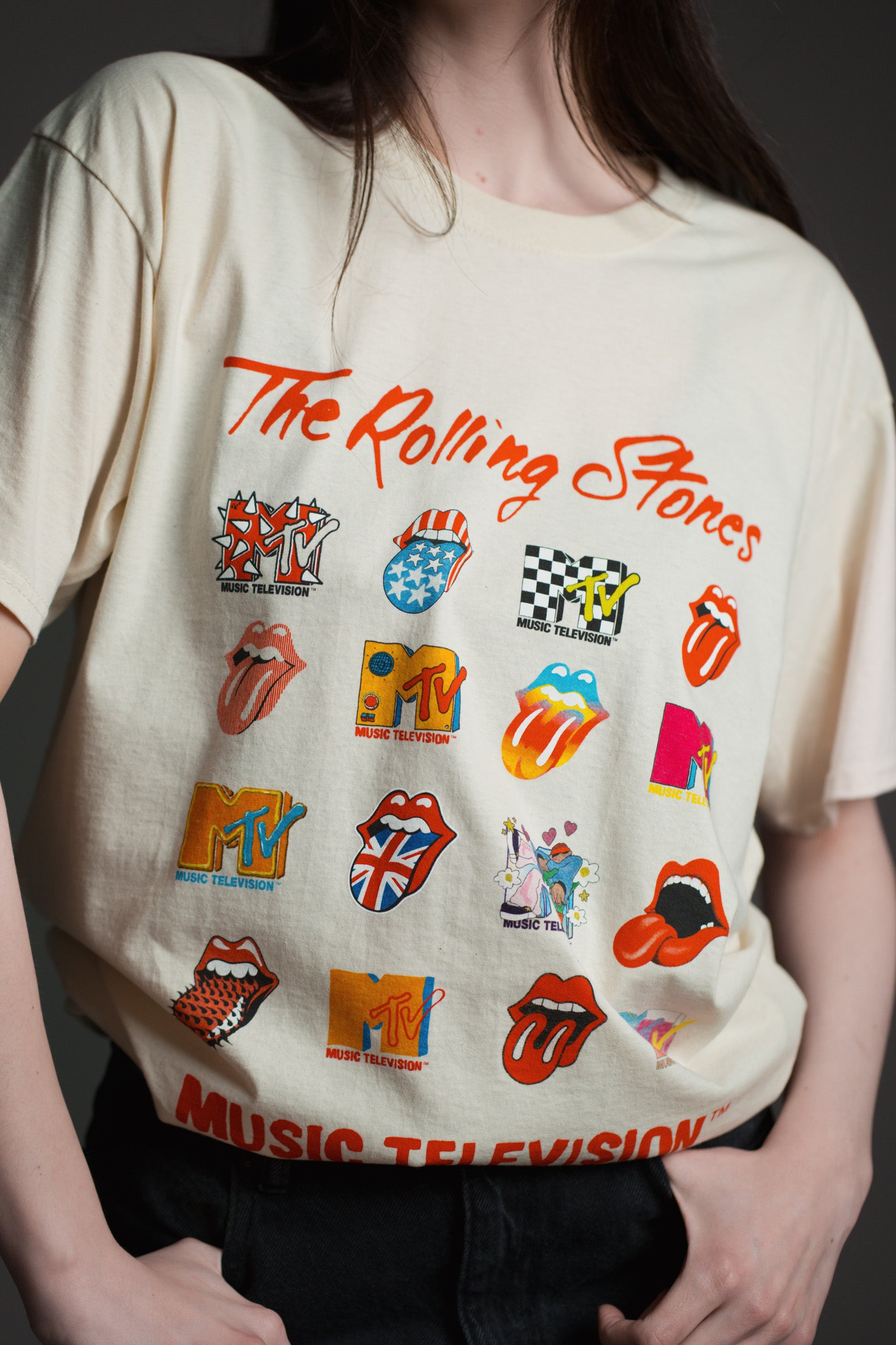 Unisex cream Rolling Stones Music Television t‑shirt by Little Lies featuring colourful MTV squares and iconic tongue logo prints