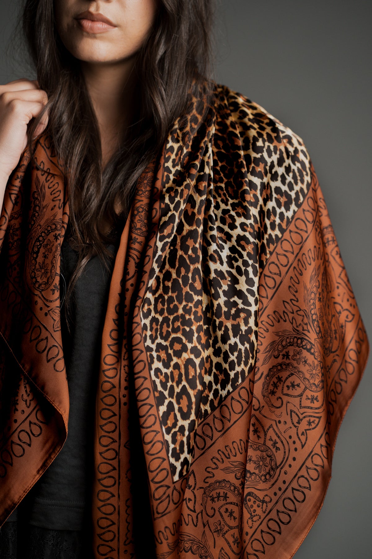 Rust Paisley Leopard Satin Scarf