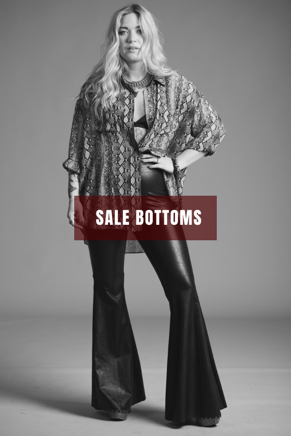 Little Lies Hendrix Faux Leather Flares worn by Erin, styled with the Mosshart Snake Chiffon Shirt featured in sale bottoms promotion