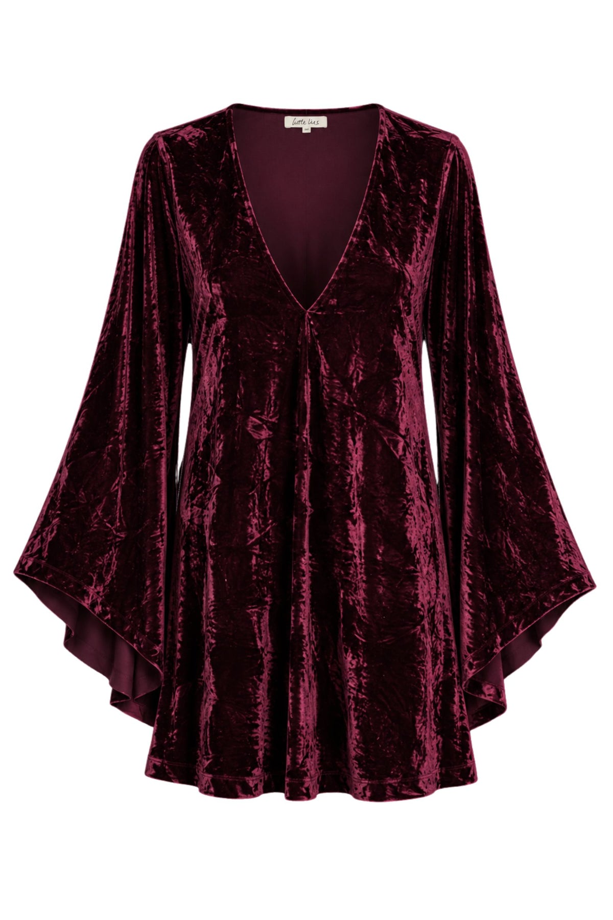 Ghost image of Sara merlot velvet mini dress in rich merlot red featuring a deep V-neck, flared bell sleeves and relaxed swing silhouette