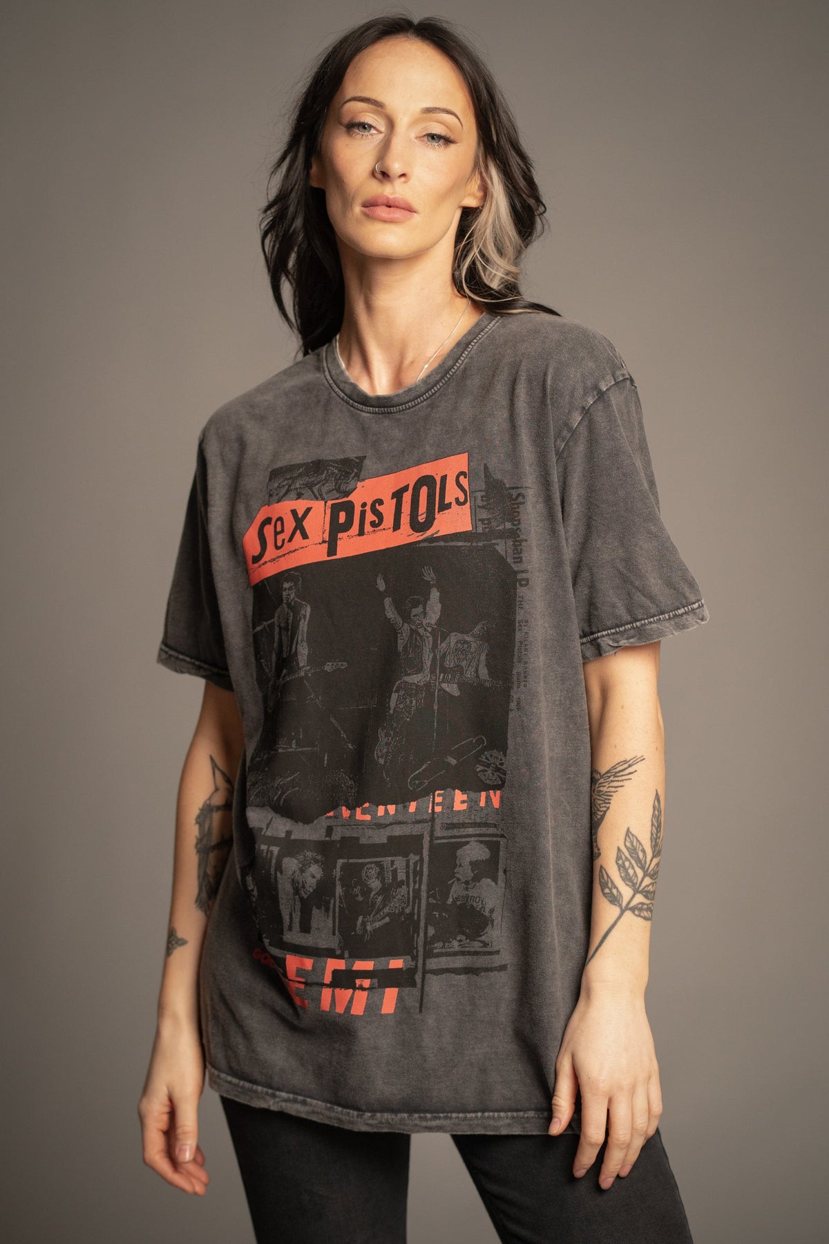 Victoria wearing the Sex Pistols vintage wash band T-shirt, front view