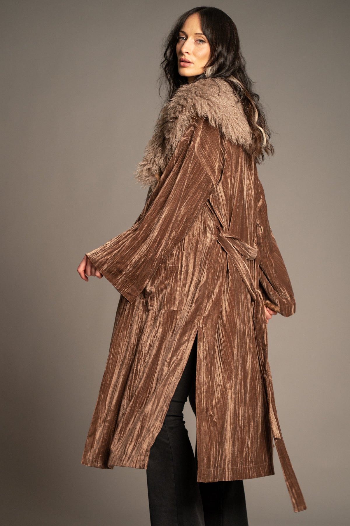 Sienna velvet kimono jacket back view featuring a statement faux fur collar, tie-back belt detail and longline fit
