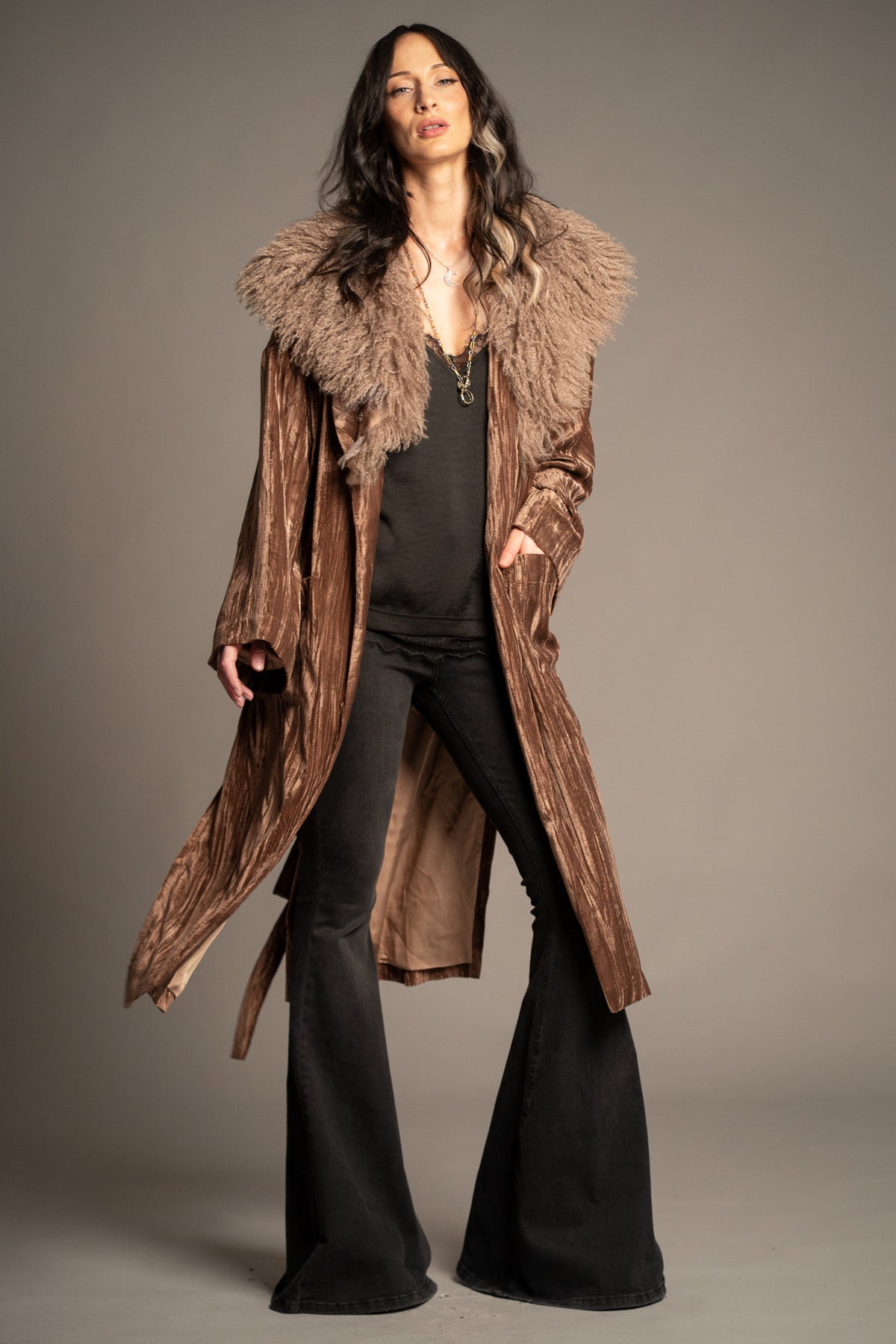 Sienna velvet kimono jacket in bronze featuring a luxurious faux fur collar, open front design and longline silhouette