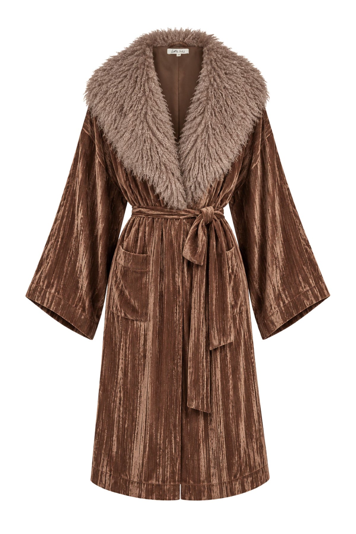 Ghost image of Sienna bronze velvet kimono jacket with oversized faux fur collar, tie waist belt, patch pockets and longline silhouette