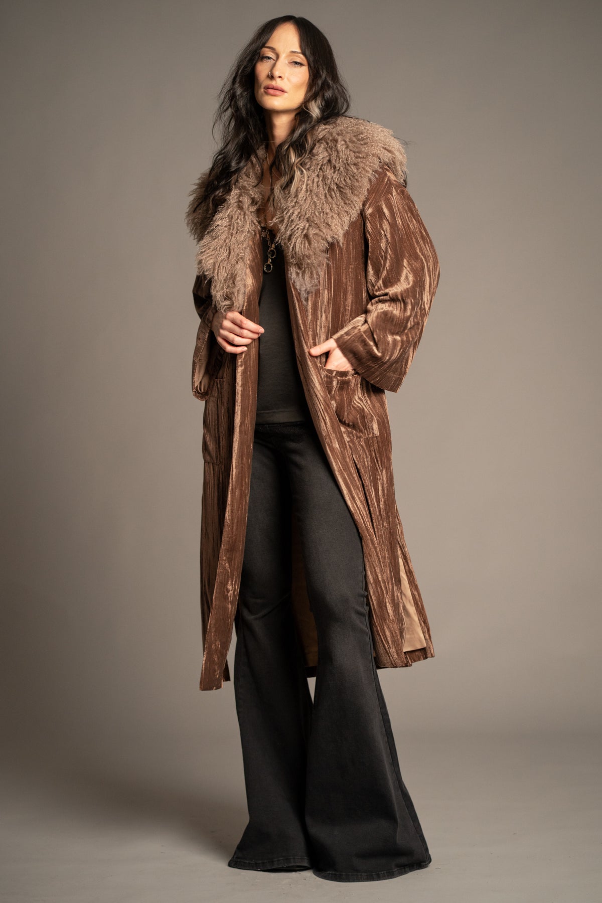 Sienna velvet kimono jacket in bronze featuring a luxurious faux fur collar, open front design and longline silhouette