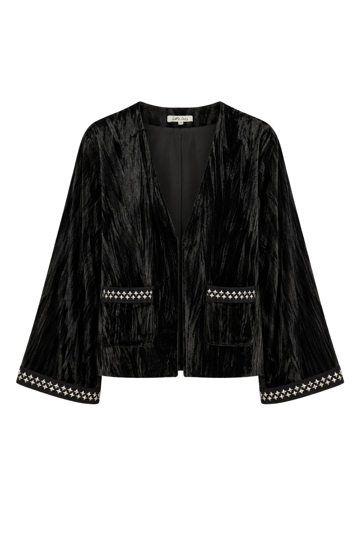 Ghost image of Silver Springs black studded velvet jacket with silver stud trim, front patch pockets and open-front silhouette