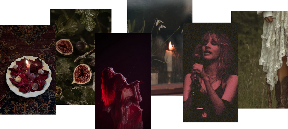 Little Lies Spellbound collection mood board featuring rich red florals, figs, candlelight, vintage-inspired textures, romantic lace and dark bohemian fashion inspiration.