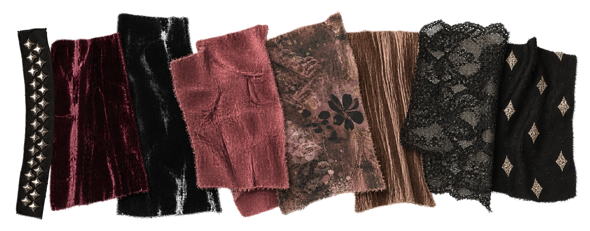 Little Lies Spellbound fabric mood board featuring black lace, merlot velvet, floral prints, metallic textures, rich chocolate velvet and celestial-inspired detailing.