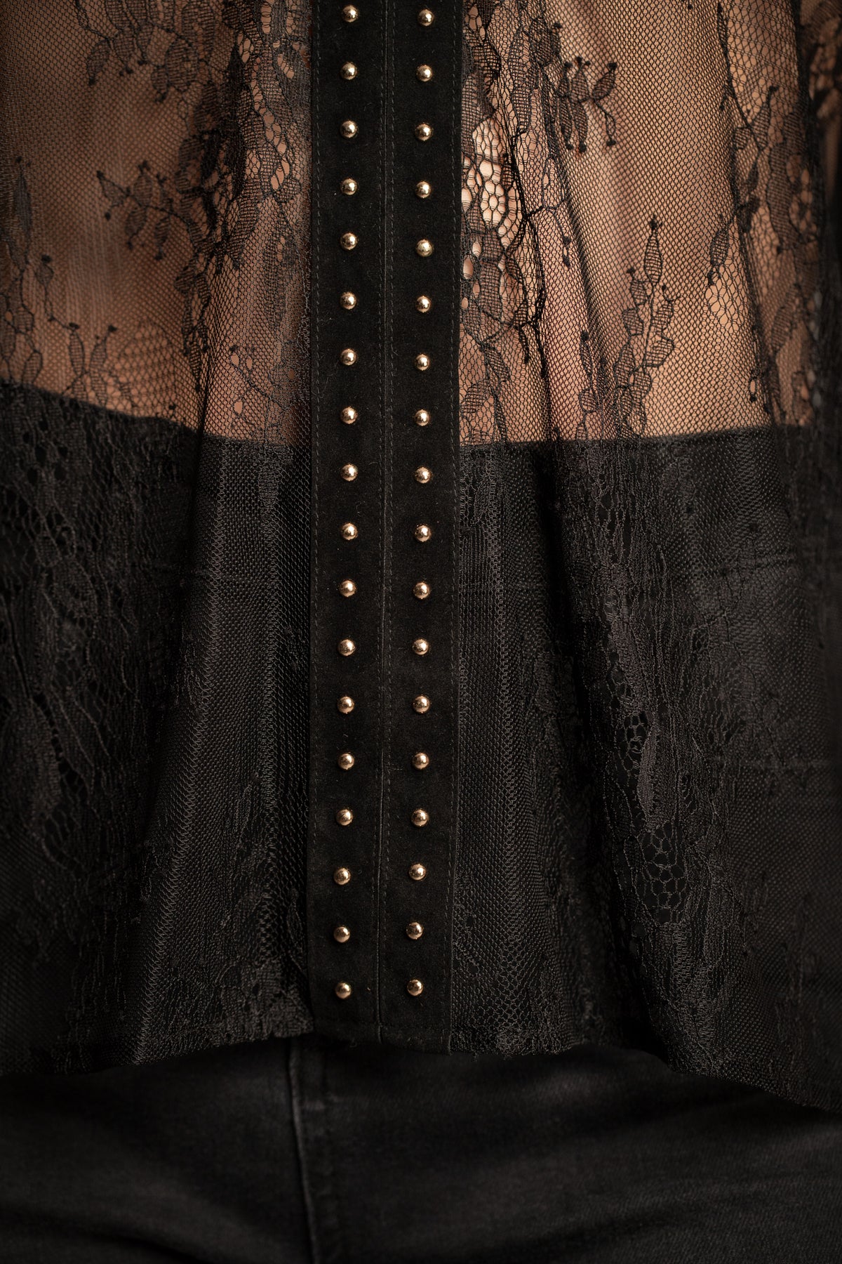 Close-up of Spellbound studded lace kimono top showcasing gold stud trim and sheer floral lace fabric