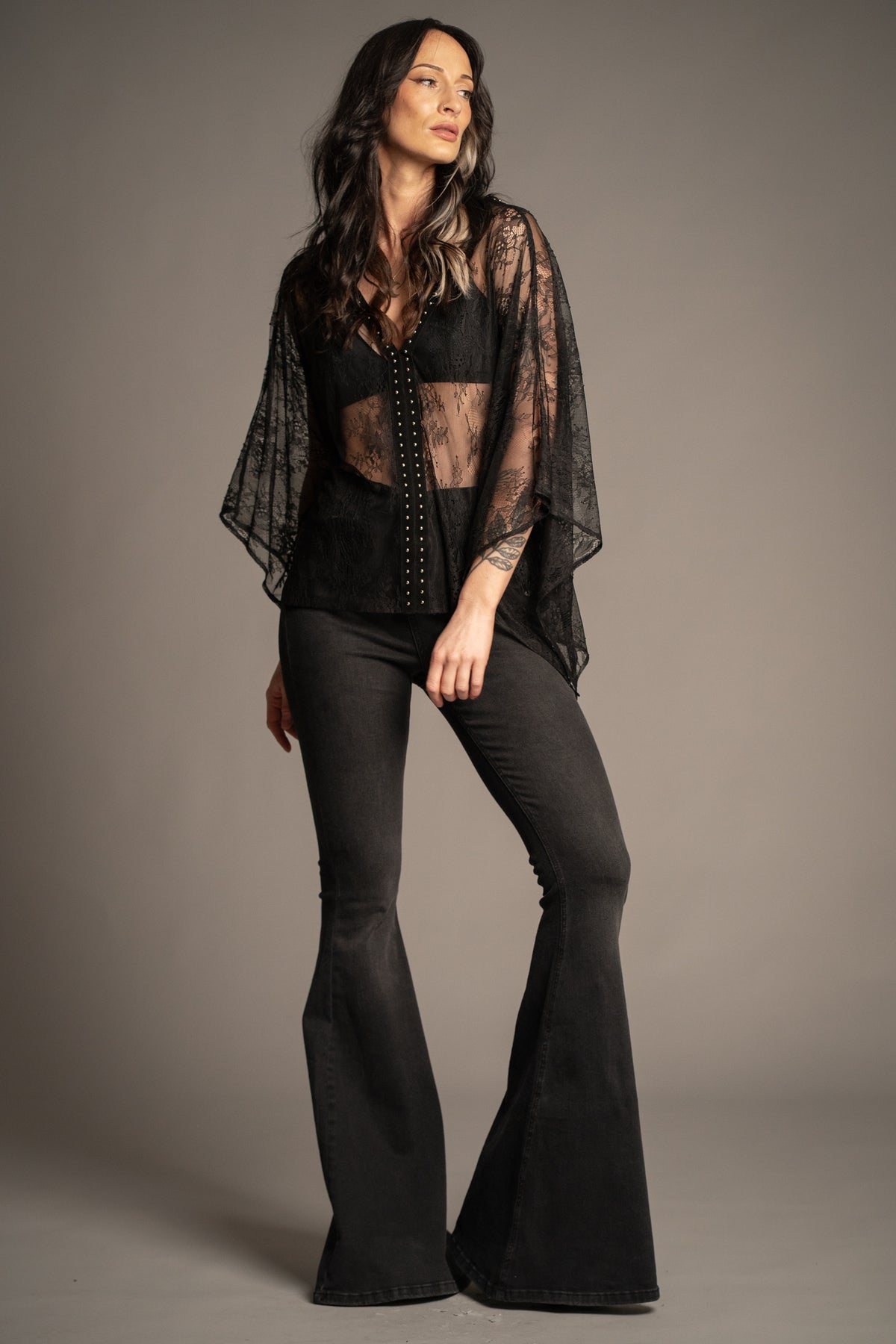 Spellbound studded lace kimono top back view showcasing sheer floral lace, draped silhouette and oversized kimono sleeves
