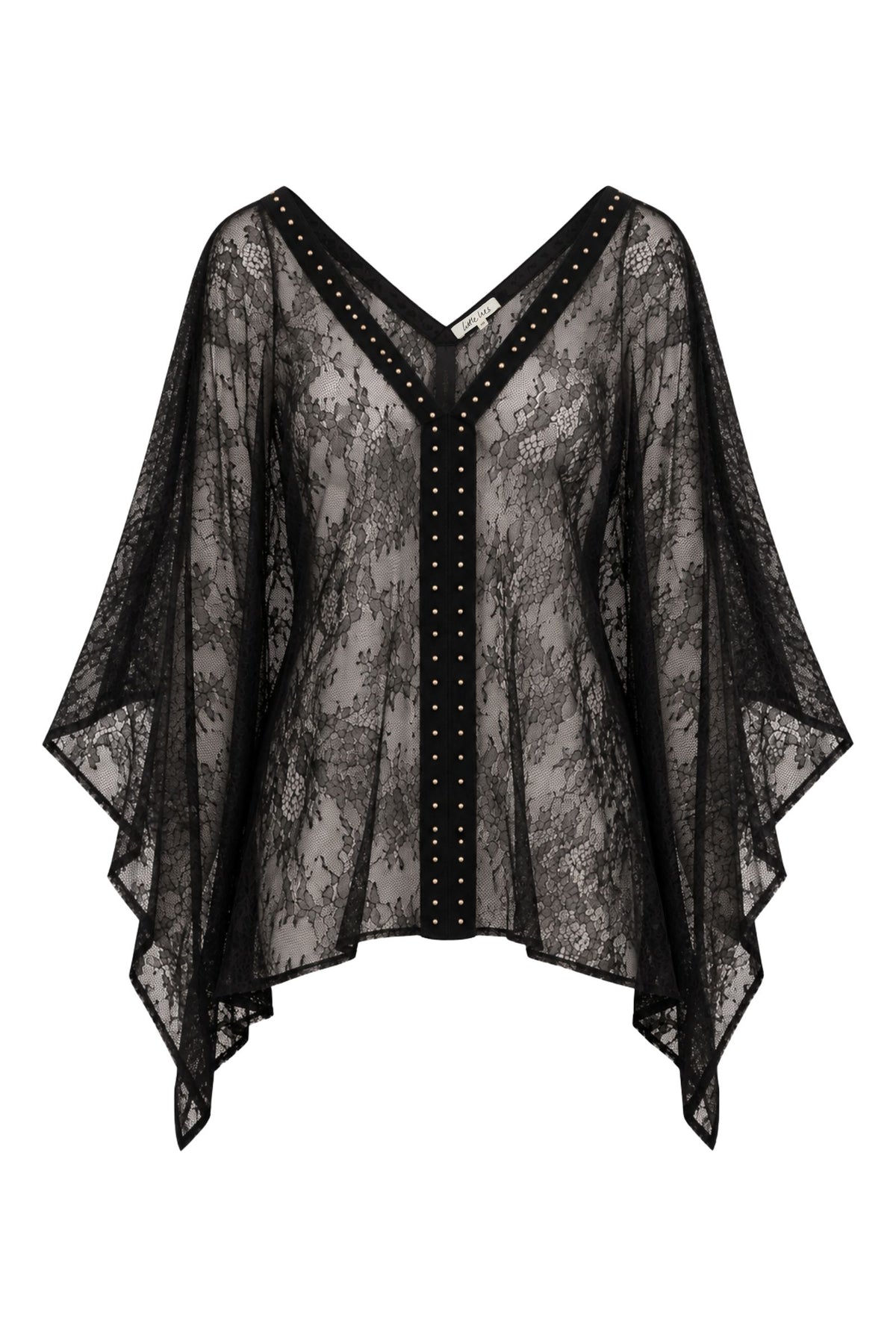 Ghost image of Spellbound studded lace kimono top in sheer black floral lace with gold stud trim, V-neckline and flowing kimono sleeves