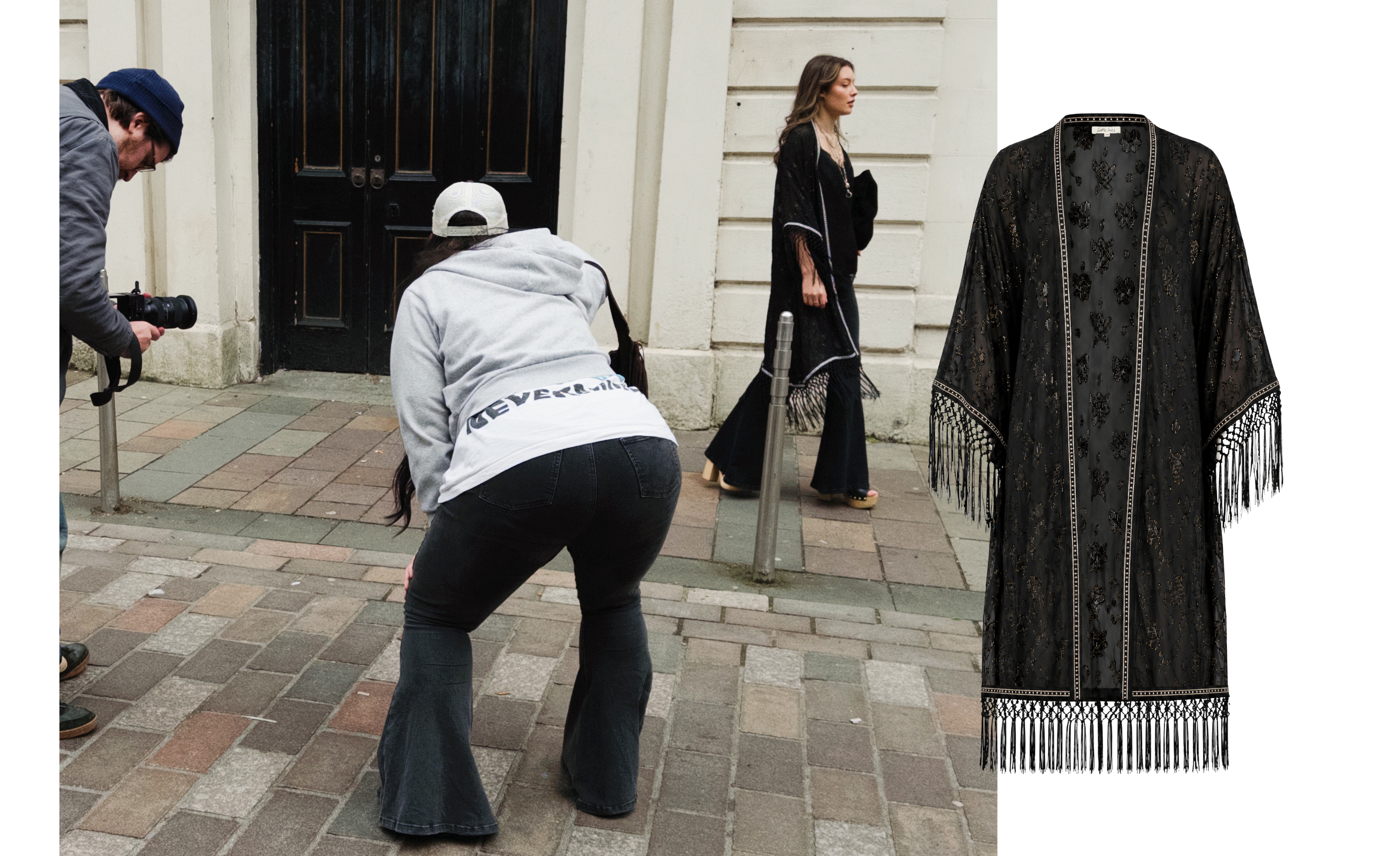 Behind the scenes of Little Lies Summer '26 shoot. Model wearing Electric Lady Studded Kimono and Hendrix Denim Flares.