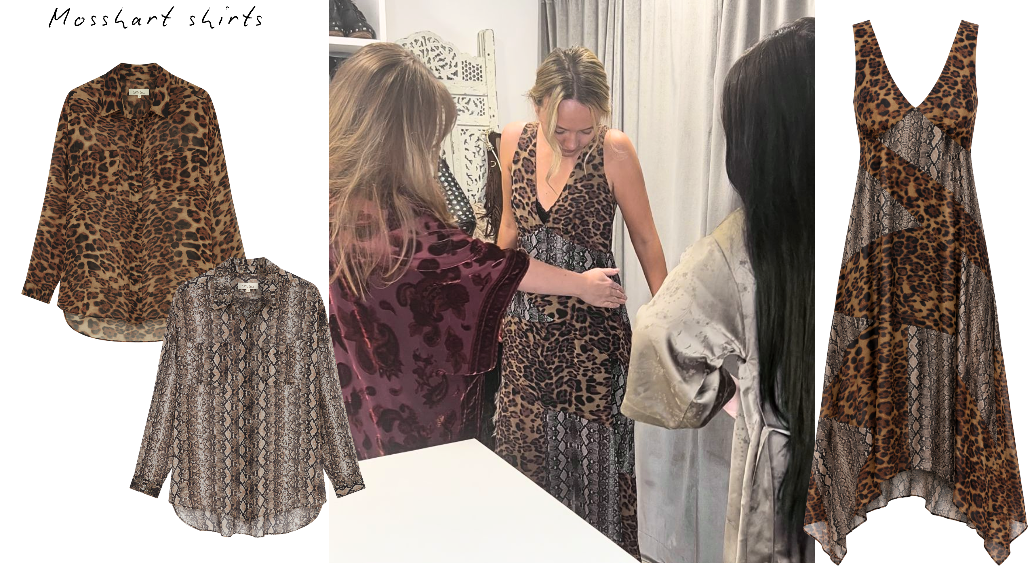 Little Lies fit session featuring Zadie Animal Handkerchief Dress and Mosshard Leopard Shirt and Mosshart Snake Shirt.