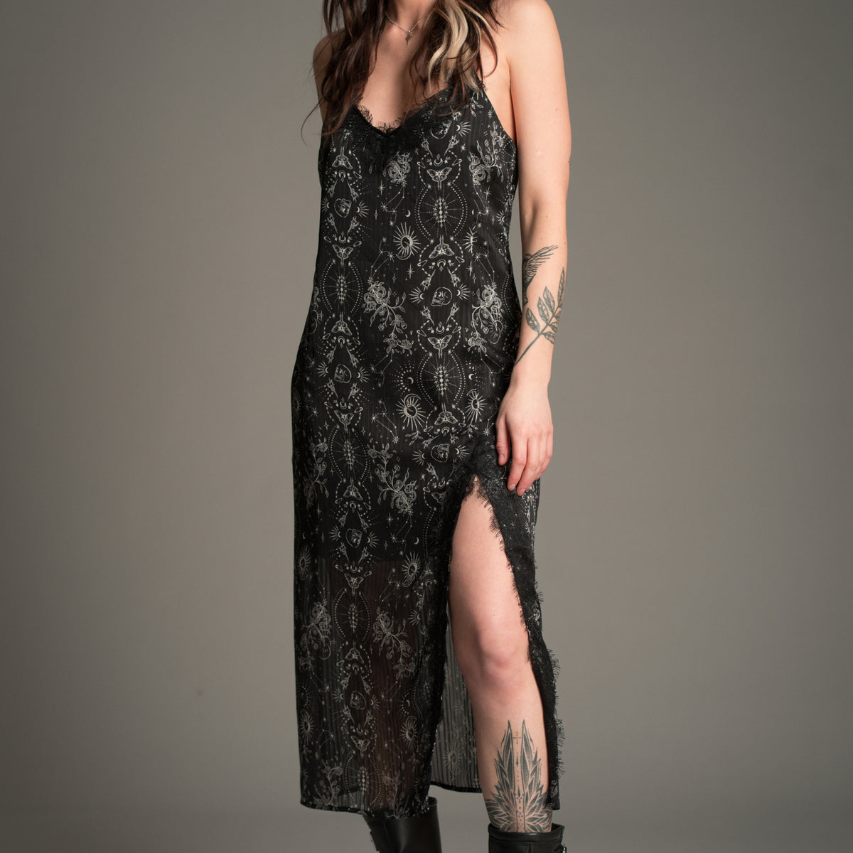 Little Lies Tattoo Print Celestial Slip Midi Dress