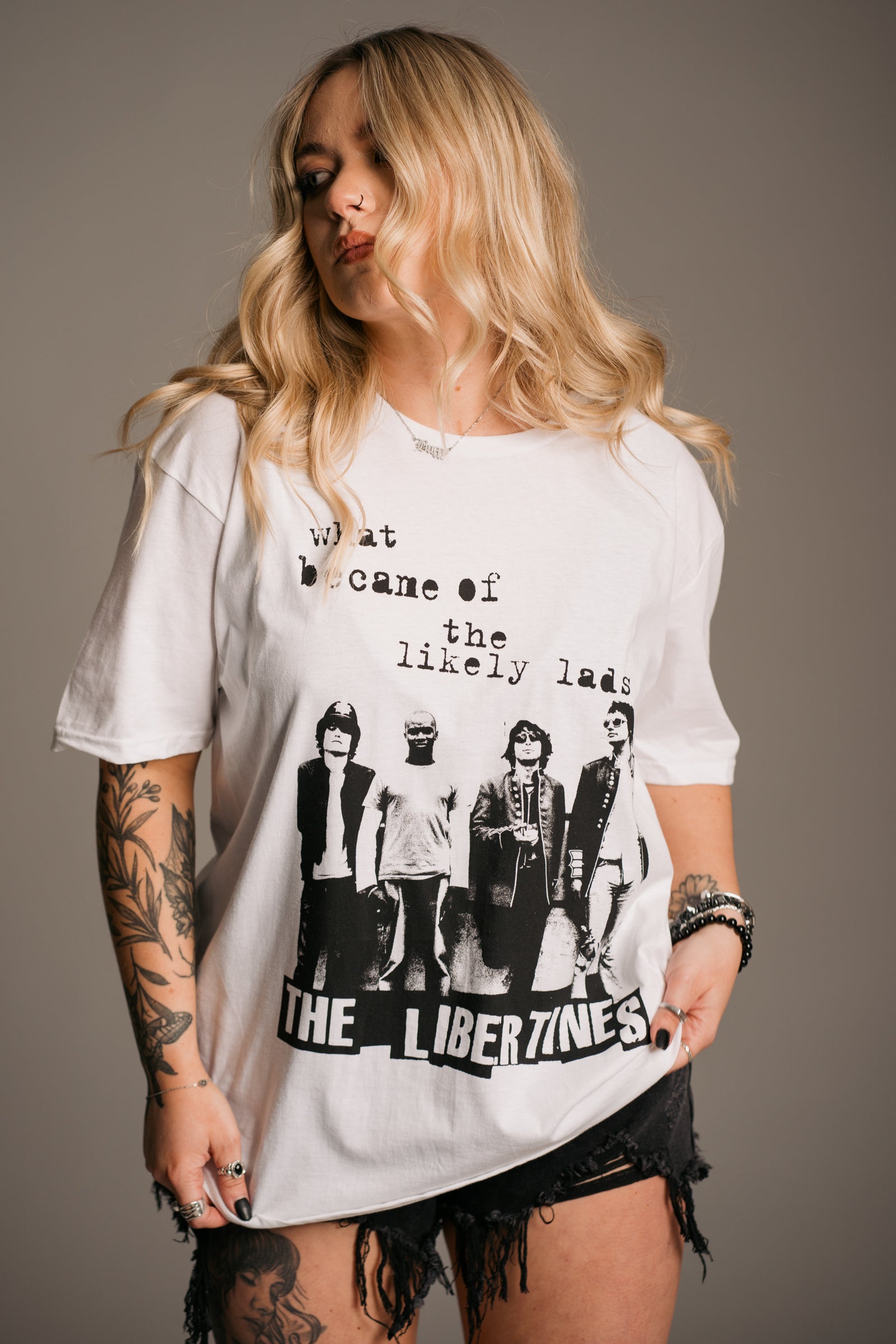 The Libertines Band Tee featuring licensed graphic artwork, a relaxed oversized fit and indie rock-inspired styling