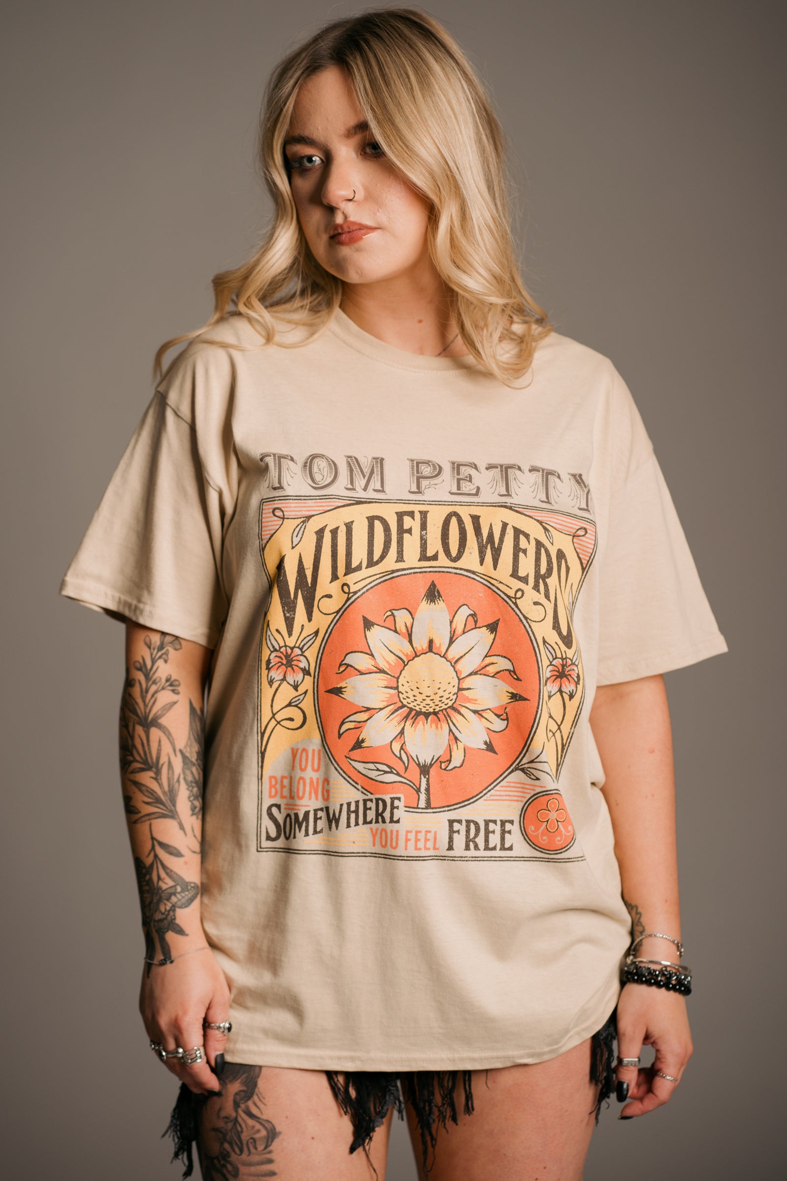 Full length Tom Petty Wildflowers Band Tee styled with denim shorts from Little Lies