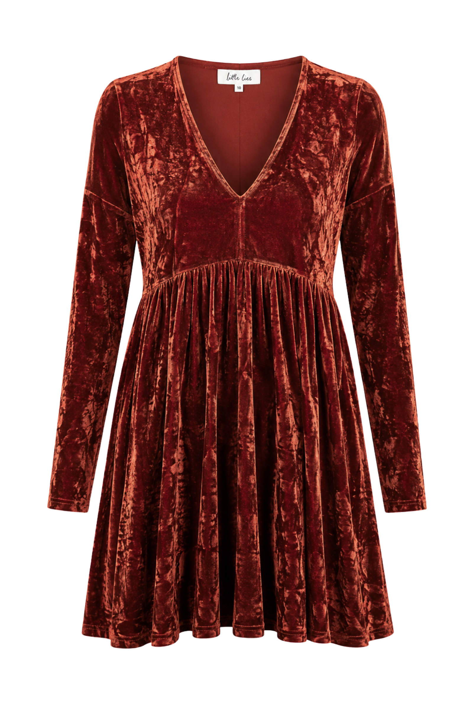 Ghost image of the Velvet Goldmine Rust Smock Dress showing long sleeve smock mini silhouette.