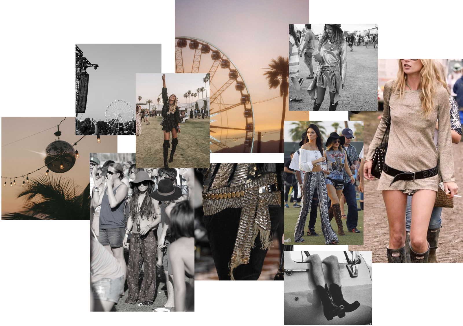 Festival outfits featuring crochet, lace, studs, metallic and mesh. Style inspo as seen on Kate Moss, Gigi Hadid, Zoe Kravitz, Vanessa Hodgson and Kendall Jenner.