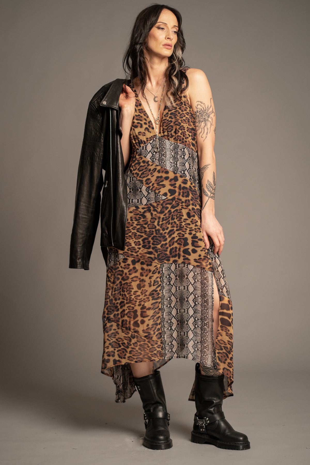 Little Lies Zadie mixed animal print midi dress with leopard and snakeskin patchwork, plunging neckline and bohemian handkerchief hem