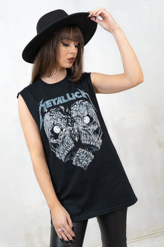 Model wearing Metallica Heartbreaker Vest, a black metallica band tee vest
