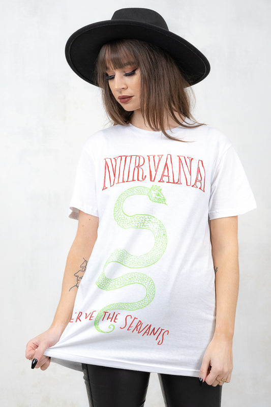 Model wearing Nirvana Serpent Tee - White Nirvana band tee with red outline band logo and green serpent design with red "Serve the Servants" slogan