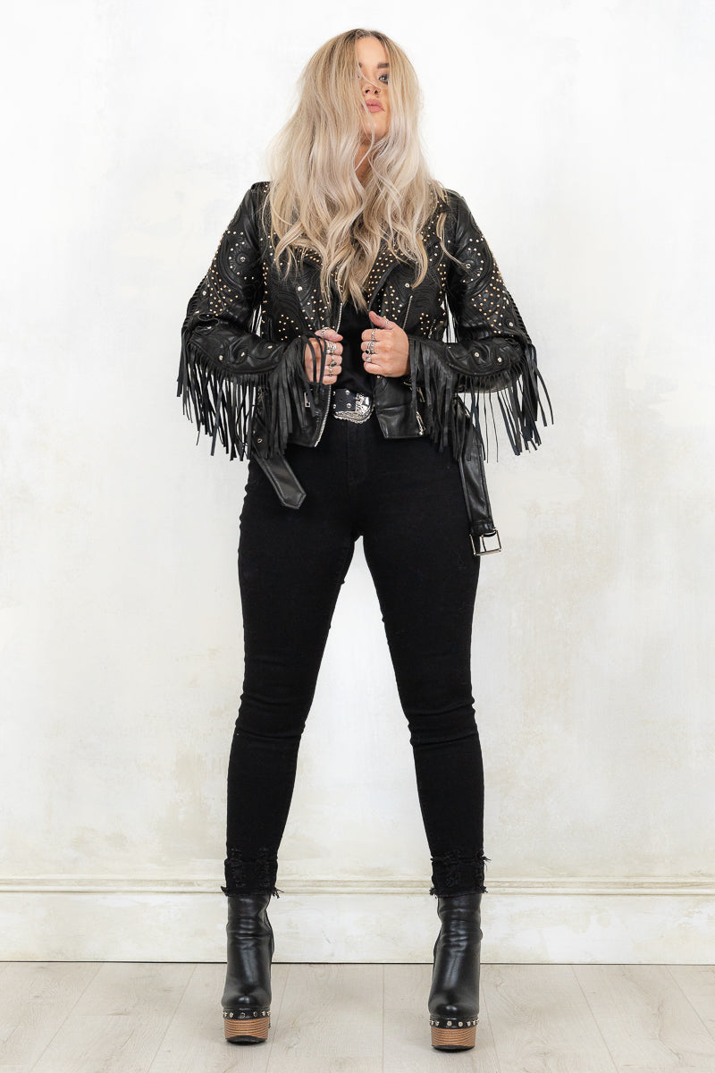 Leather jacket sale fringe sleeves