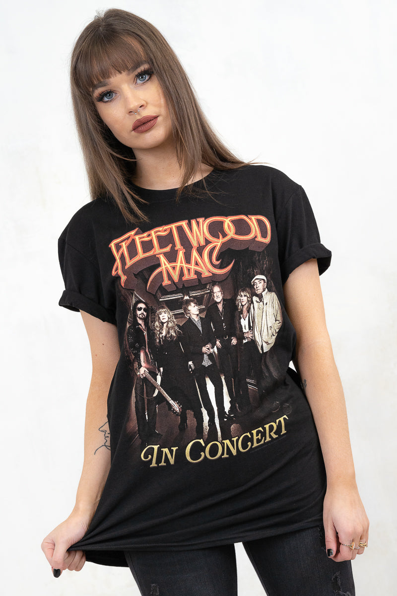 Model Wearing Fleetwood Mac In Concert Tee - Black colour fleetwood mac group shot band tee