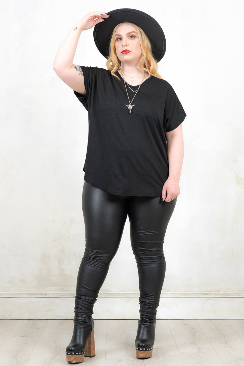 Model Wearing Gimme Danger Black Slouch Tee - Black slouchy fit tee with batwing sleeve