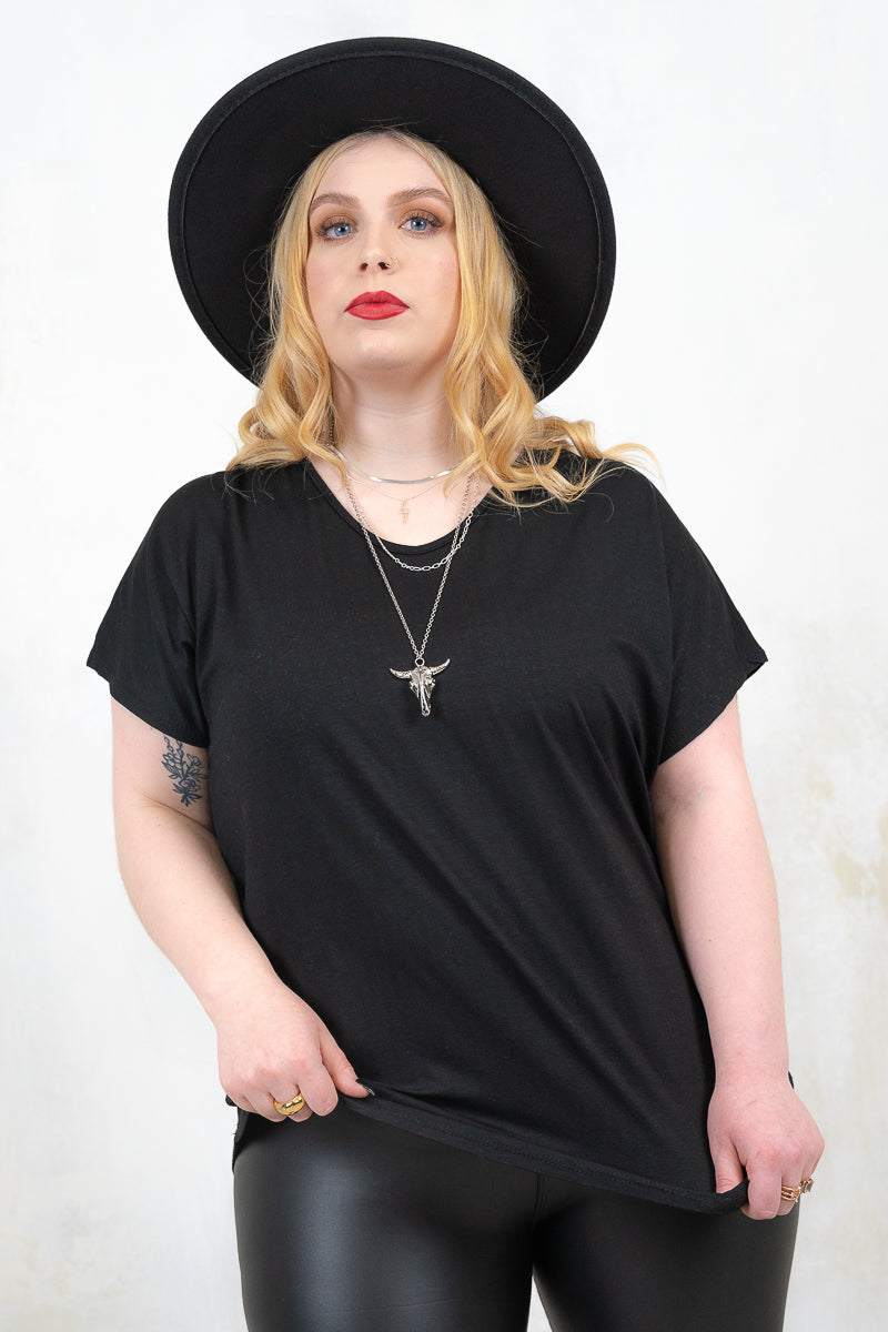 Model Wearing Gimme Danger Black Slouch Tee - Black slouchy fit tee with batwing sleeve