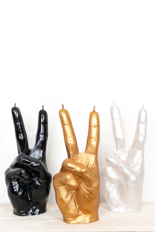 Woodstock Hand Candle - anatomical hand candles in victory hand peace pose in gold, black and silver