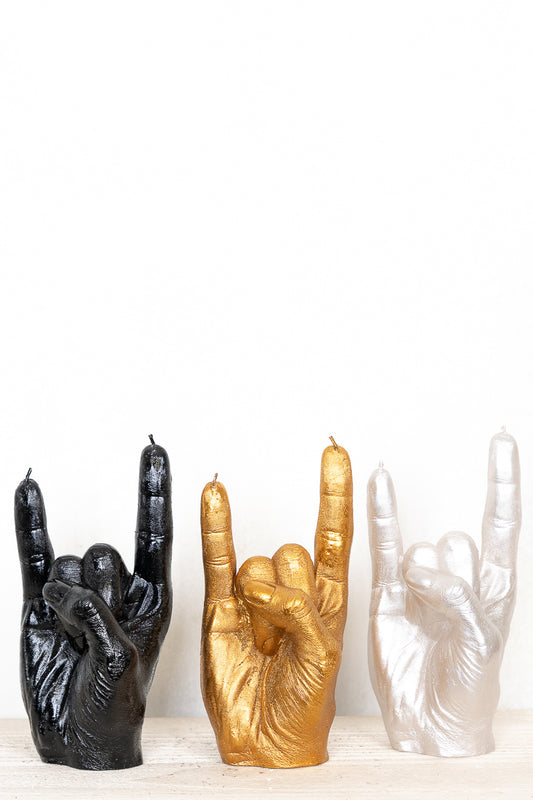 Rock 'n Roll Hand Candle - anatomical hand candles in rock and roll gesture in black, gold and silver colours