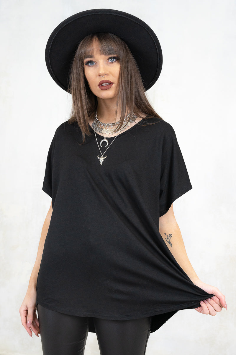 Model Wearing Gimme Danger Black Slouch Tee - Black slouchy fit tee with batwing sleeve