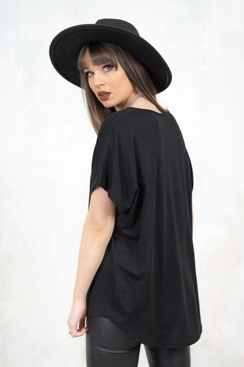 Model Wearing Gimme Danger Black Slouch Tee - Black slouchy fit tee with batwing sleeve