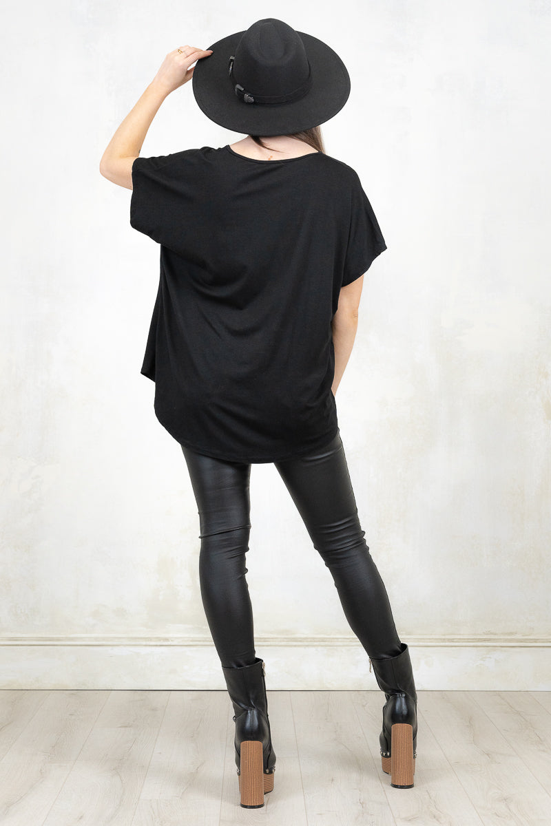 Model Wearing Gimme Danger Black Slouch Tee - Black slouchy fit tee with batwing sleeve