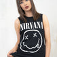 Model wearing Nirvana Smiley Vest - black nirvana band tee vest