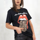 Model wearing Rolling Stones Leopard Tongue Tee - Black Rolling Stones logo with leopard print tongue band tee
