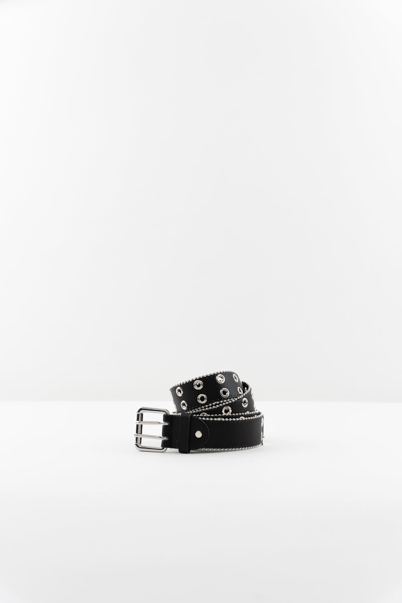 Chrissie Rivet Belt - Faux leather black belt with silver hardware detailing and beaded metal edging