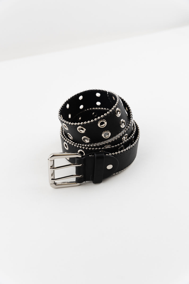 Chrissie Rivet Belt - Faux leather black belt with silver hardware detailing and beaded metal edging