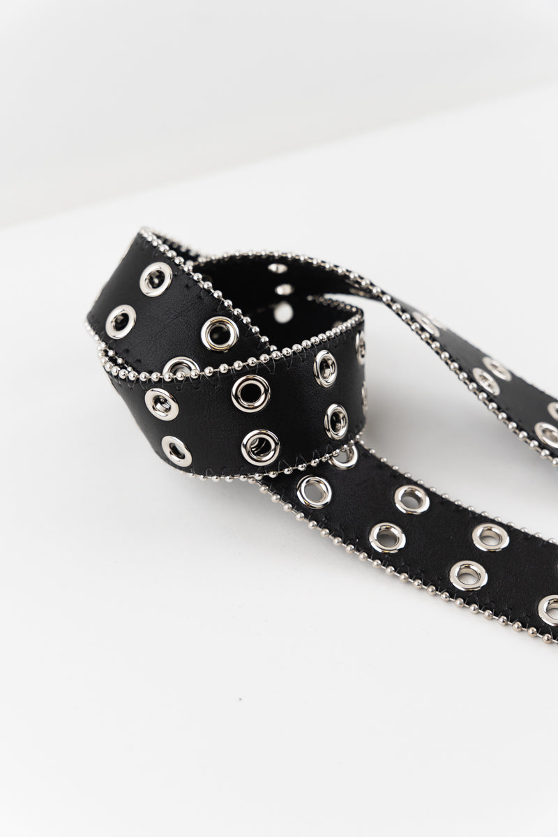 Chrissie Rivet Belt - Faux leather black belt with silver hardware detailing and beaded metal edging