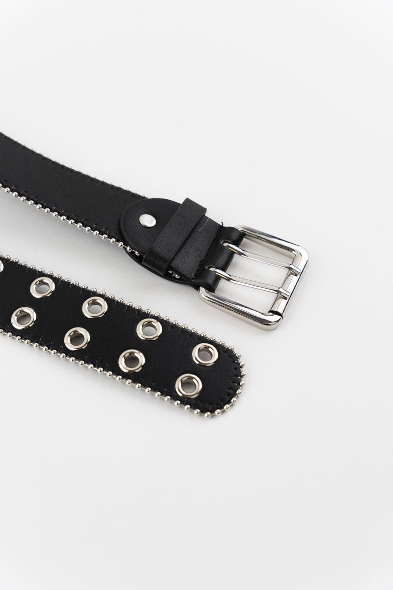 Chrissie Rivet Belt - Faux leather black belt with silver hardware detailing and beaded metal edging