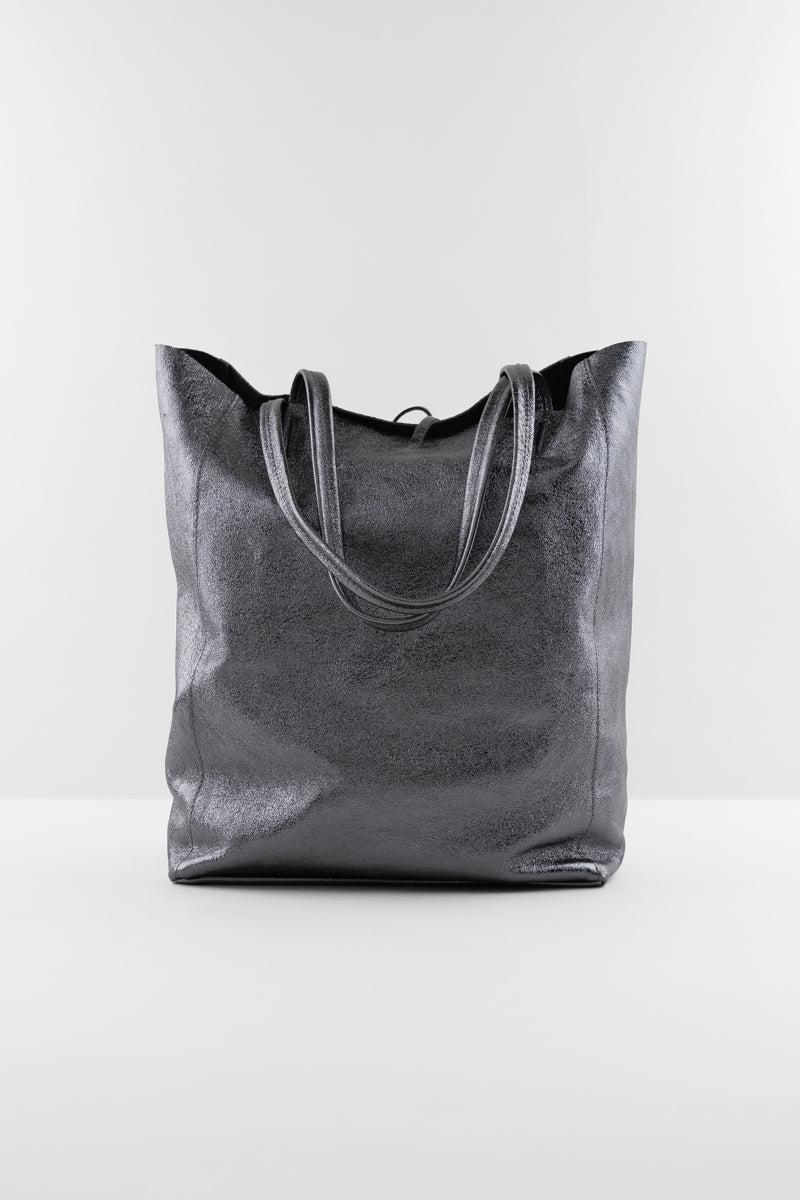 Genuine Leather Gunmetal Tote Bag - Large gunmetal metallic tote with tie fastening at the top, plus an inner zipped pouch