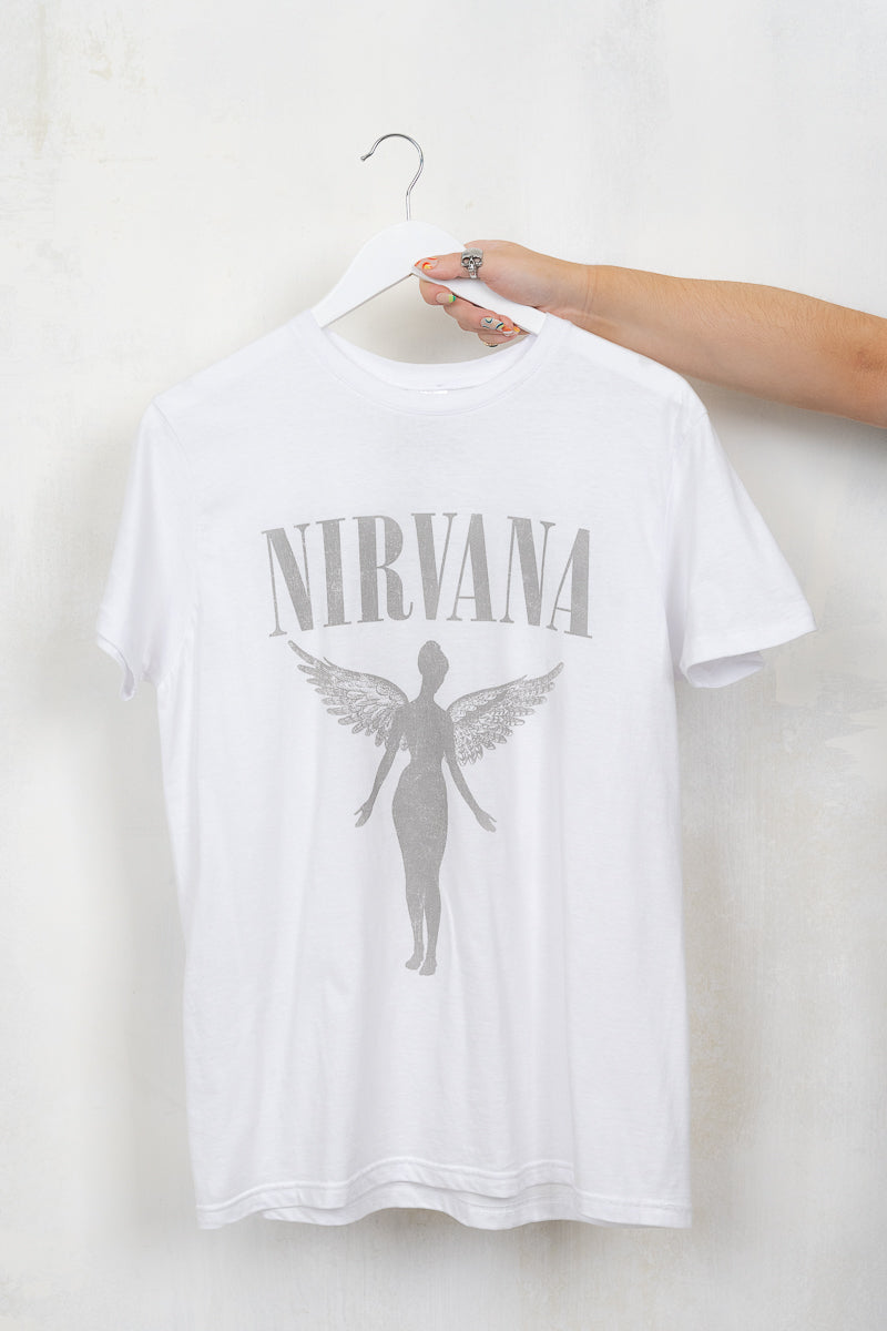Nirvana White Angelic Tee - white nirvana band tee with grey angel and logo