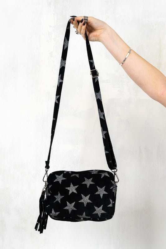 Radar Love Genuine Suede Bag - Black Genuine Suede Bag with Silver Star Print and Adjustable Strap