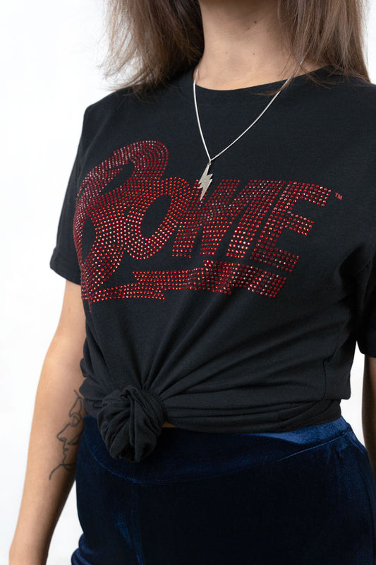 Model wearing Bowie Crystals Tee - Black Bowie tee with Bowie written in red Diamante Crystals